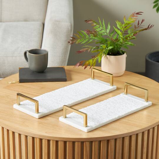 White with Gold Handles Marble Textured Tray Set